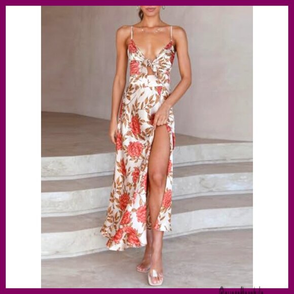 Spaghetti Strap Satin Midi Dress with Tie Front Backless Slit Cutout - Picture 3 of 7